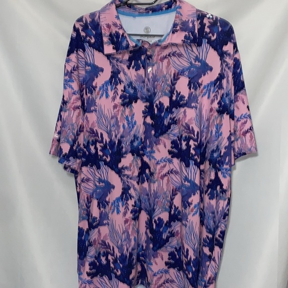 SCALES MENS SIZE XL Pink and Blue Polo Shirt with UNDERWATER CORAL Print EUC - Picture 7 of 11